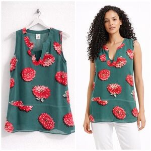 CAbi Blushing Floral Blouse #3445, Size Small, Teal Green, Peplum, Lined Tank